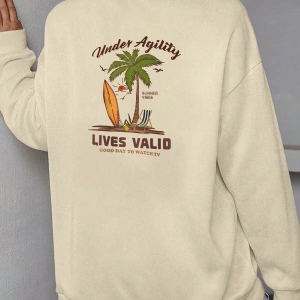 Sloganlı ve Tropikal Baskılı Düşük Sweat Bej