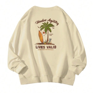 Sloganlı ve Tropikal Baskılı Düşük Sweat Bej