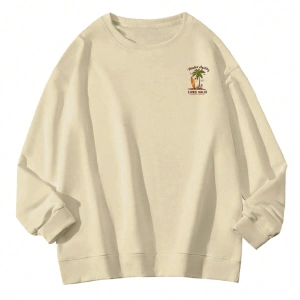 Sloganlı ve Tropikal Baskılı Düşük Sweat Bej