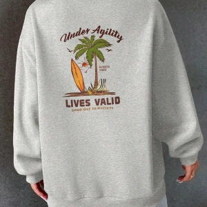 Sloganlı ve Tropikal Baskılı Düşük Sweat Gri