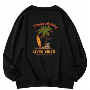 Sloganlı ve Tropikal Baskılı Düşük Sweat Gri