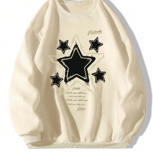 Sloganlı & Yıldız Desenli Sweat Bej