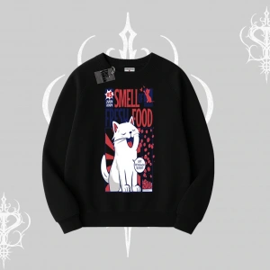 Smell of Fresh Food Kedi Baskılı Biskilet Sweatshirt