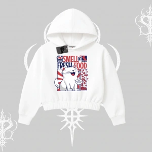 Smell of Fresh Food Kedi Baskılı Kapşonlu Crop Sweatshirt