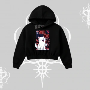 Smell of Fresh Food Kedi Baskılı Kapşonlu Crop Sweatshirt