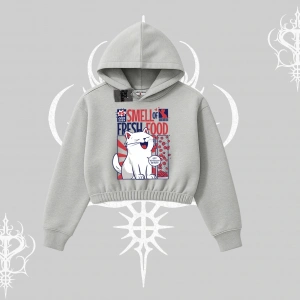 Smell of Fresh Food Kedi Baskılı Kapşonlu Crop Sweatshirt