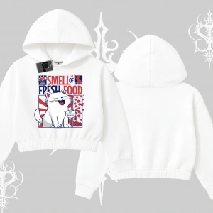 Smell of Fresh Food Kedi Baskılı Kapşonlu Crop Sweatshirt