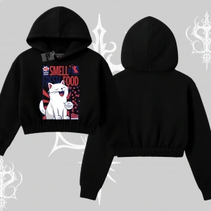 Smell of Fresh Food Kedi Baskılı Kapşonlu Crop Sweatshirt
