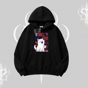 Smell of Fresh Food Kedi Baskılı Kapşonlu Sweatshirt