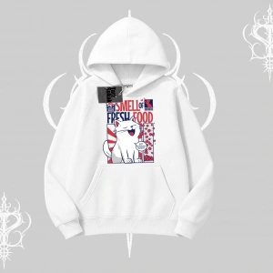 Smell of Fresh Food Kedi Baskılı Kapşonlu Sweatshirt