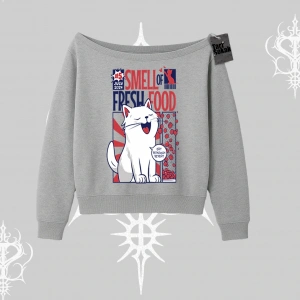 Smell of Fresh Food Kedi Baskılı Kayık Yaka Sweatshirt