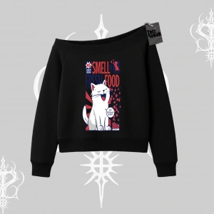 Smell of Fresh Food Kedi Baskılı Kayık Yaka Sweatshirt