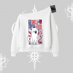 Smell of Fresh Food Kedi Baskılı Kayık Yaka Sweatshirt