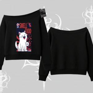 Smell of Fresh Food Kedi Baskılı Kayık Yaka Sweatshirt