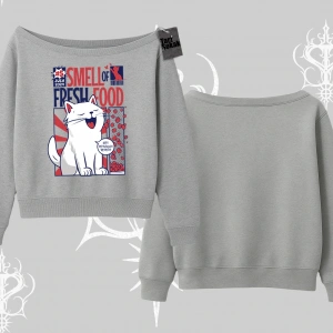 Smell of Fresh Food Kedi Baskılı Kayık Yaka Sweatshirt