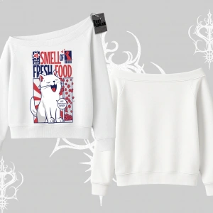 Smell of Fresh Food Kedi Baskılı Kayık Yaka Sweatshirt