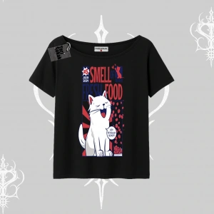 Smell of Fresh Food Kedi Baskılı Kayık Yaka Tshirt