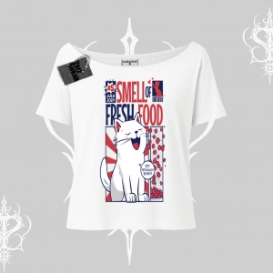 Smell of Fresh Food Kedi Baskılı Kayık Yaka Tshirt