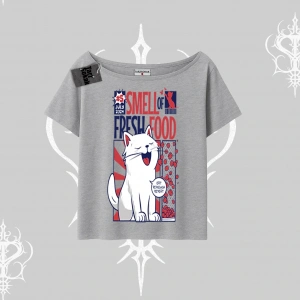 Smell of Fresh Food Kedi Baskılı Kayık Yaka Tshirt