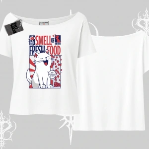 Smell of Fresh Food Kedi Baskılı Kayık Yaka Tshirt