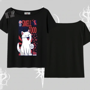 Smell of Fresh Food Kedi Baskılı Kayık Yaka Tshirt