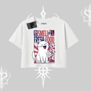 Smell of Fresh Food Kedi Baskılı Oversize Crop Tshirt