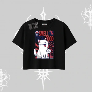 Smell of Fresh Food Kedi Baskılı Oversize Crop Tshirt