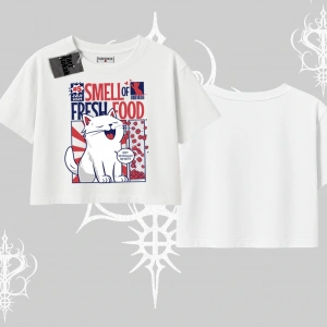 Smell of Fresh Food Kedi Baskılı Oversize Crop Tshirt