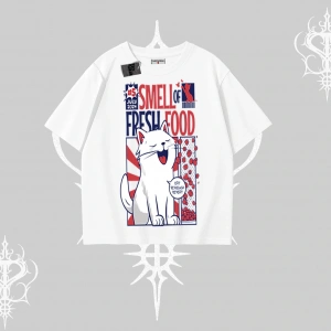 Smell of Fresh Food Kedi Baskılı Oversize Tshirt