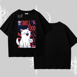 Smell of Fresh Food Kedi Baskılı Oversize Tshirt