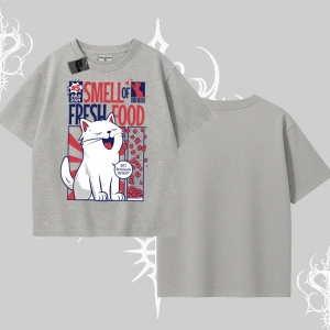 Smell of Fresh Food Kedi Baskılı Oversize Tshirt