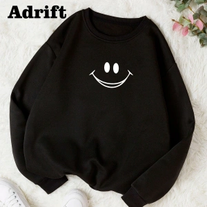 Smile Renkli Oversize Bisiklet Yaka Pamuklu Sweatshirt Siyah