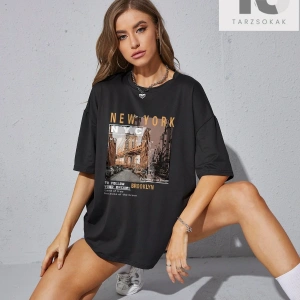 Sokak Görünümü ve Slogan Grafikli Düşük Omuzlu Oversize Tişört