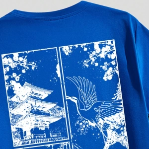 Sokak Stili Orijinal Mavi Japon Turna Ukiyo-E Manzara Baskılı Beyaz Örgü T