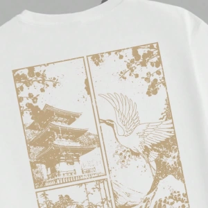Sokak Stili Orijinal Mavi Japon Turna Ukiyo-E Manzara Baskılı Beyaz Örgü T