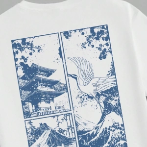 Sokak Stili Orijinal Mavi Japon Turna Ukiyo-E Manzara Baskılı Beyaz Örgü T
