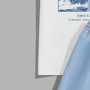 Sokak Stili Orijinal Mavi Japon Turna Ukiyo-E Manzara Baskılı Beyaz Örgü T