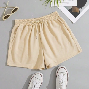 Solid Drawstring Waist Slant Pocket Şort