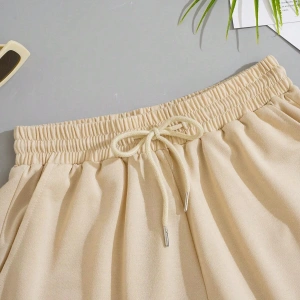 Solid Drawstring Waist Slant Pocket Şort