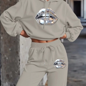 Solid Düşük Omuz Sweatshirt & Eşofman Altı