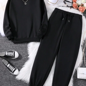 Solid Termal Astarlı Sweatshirt ve Bağcıklı Bel Eşofman Altı
