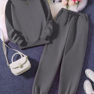 Solid Termal Astarlı Sweatshirt ve Bağcıklı Bel Eşofman Altı