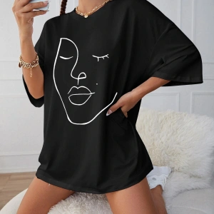 Soyut Şekil Grafik Düşük Omuz Büyük Boy Tişört