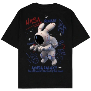 Space Bunny Siyah Oversize Unisex T-shirt