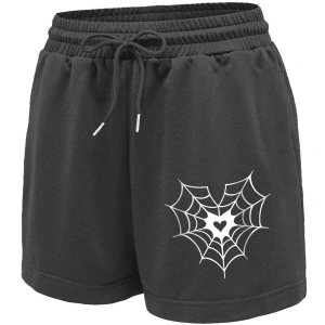 Spider Web & Heart Print Drawstring Waist Şort