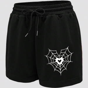 Spider Web & Heart Print Drawstring Waist Şort