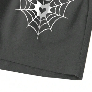 Spider Web & Heart Print Drawstring Waist Şort