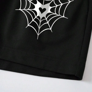 Spider Web & Heart Print Drawstring Waist Şort