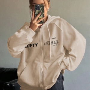 Star Kadın Sonbahar/Kış Mektup Baskılı Fermuarlı Bağcıklı Kapüşonlu Sweatshirt Model 5181