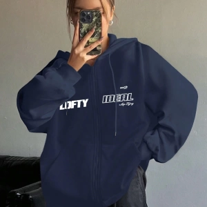 Star Kadın Sonbahar/Kış Mektup Baskılı Fermuarlı Bağcıklı Kapüşonlu Sweatshirt Model 5181